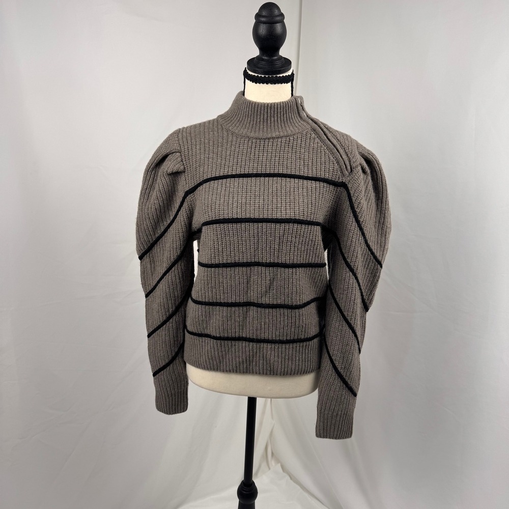 ba&sh Lady Pullover Women Size M Chamois Brown Stripe Puff Shoulder Zip Wool Yak